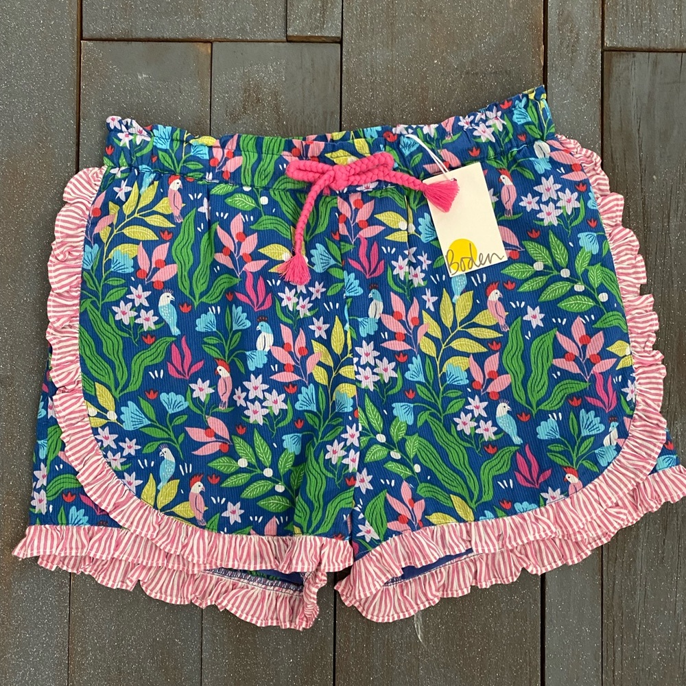NWT Mini Boden Tropical Seersucker Trim Shorts Blue & Pink Size 10
